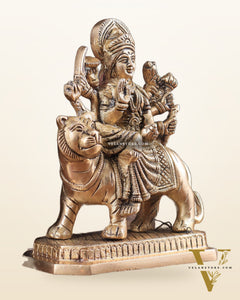 Pure Brass Goddess Durga Sitting on Tiger Idol 5.5"