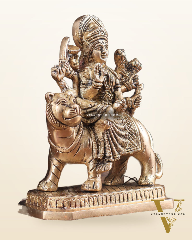 Pure Brass Goddess Durga Sitting on Tiger Idol 5.5"