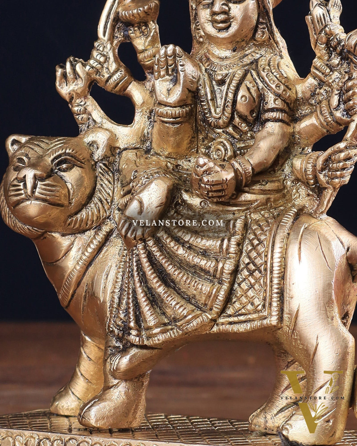 Pure Brass Goddess Durga Sitting on Tiger Idol 5.5"