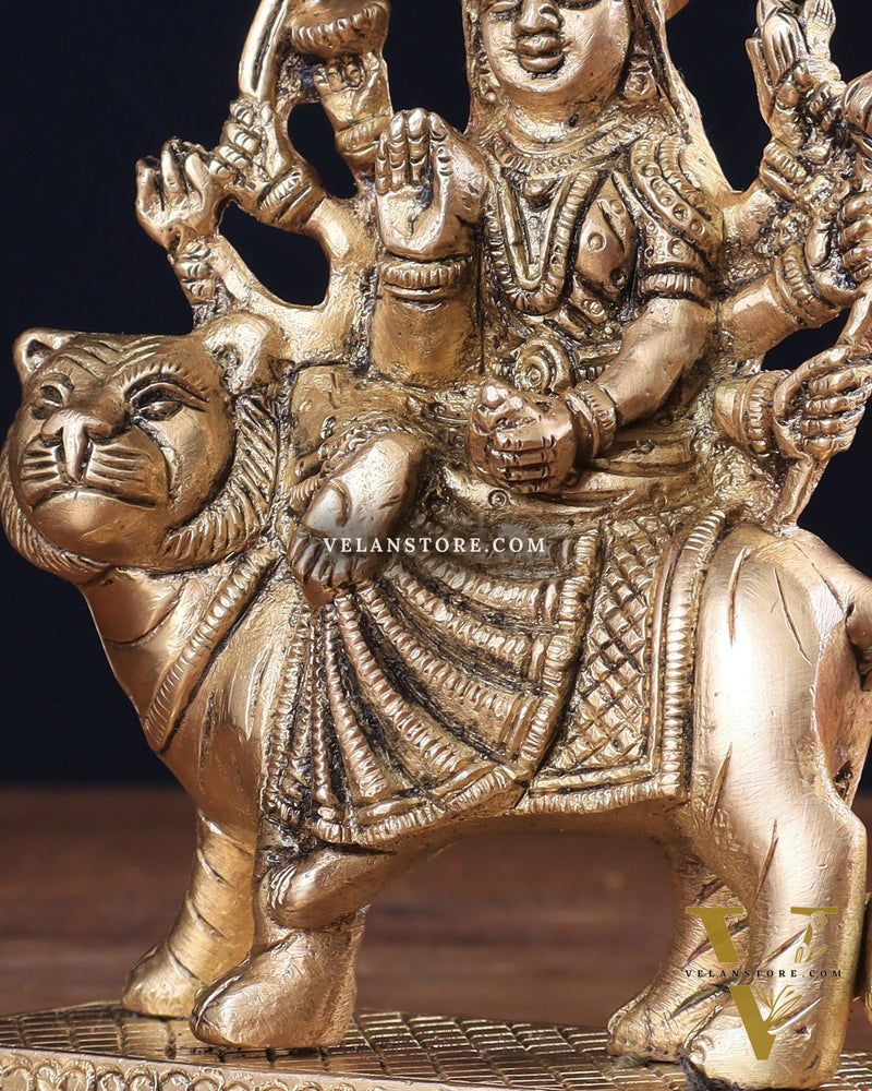 Pure Brass Goddess Durga Sitting on Tiger Idol 5.5"