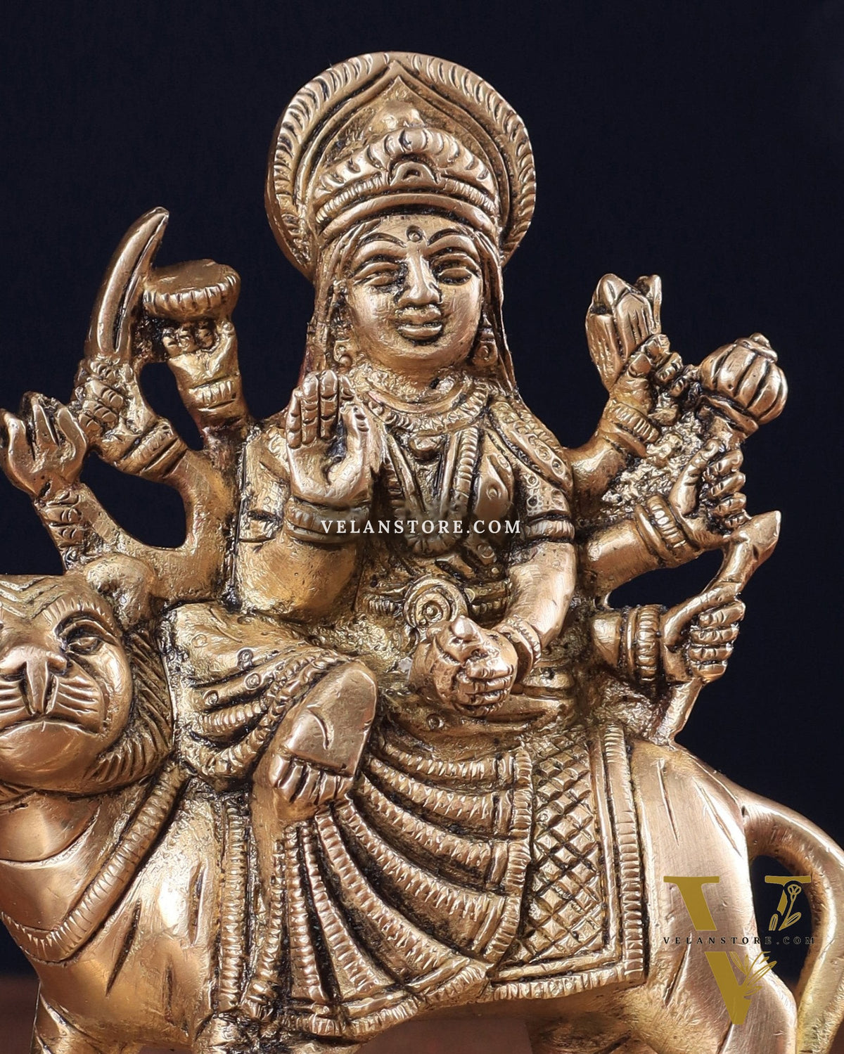 Pure Brass Goddess Durga Sitting on Tiger Idol 5.5"