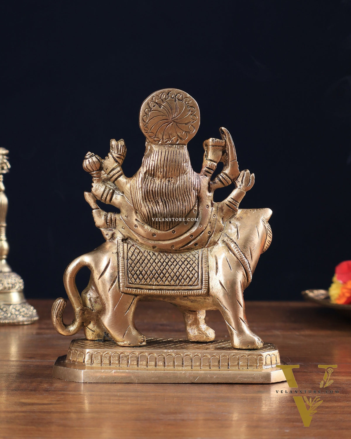Pure Brass Goddess Durga Sitting on Tiger Idol 5.5"