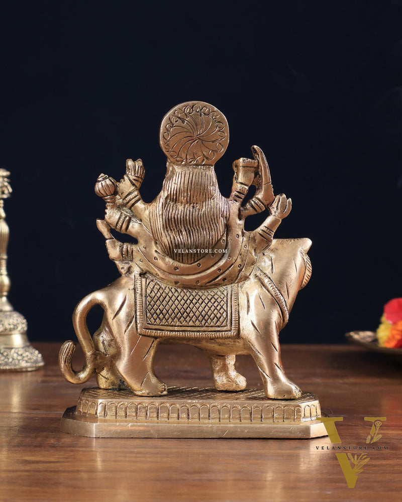 Pure Brass Goddess Durga Sitting on Tiger Idol 5.5"