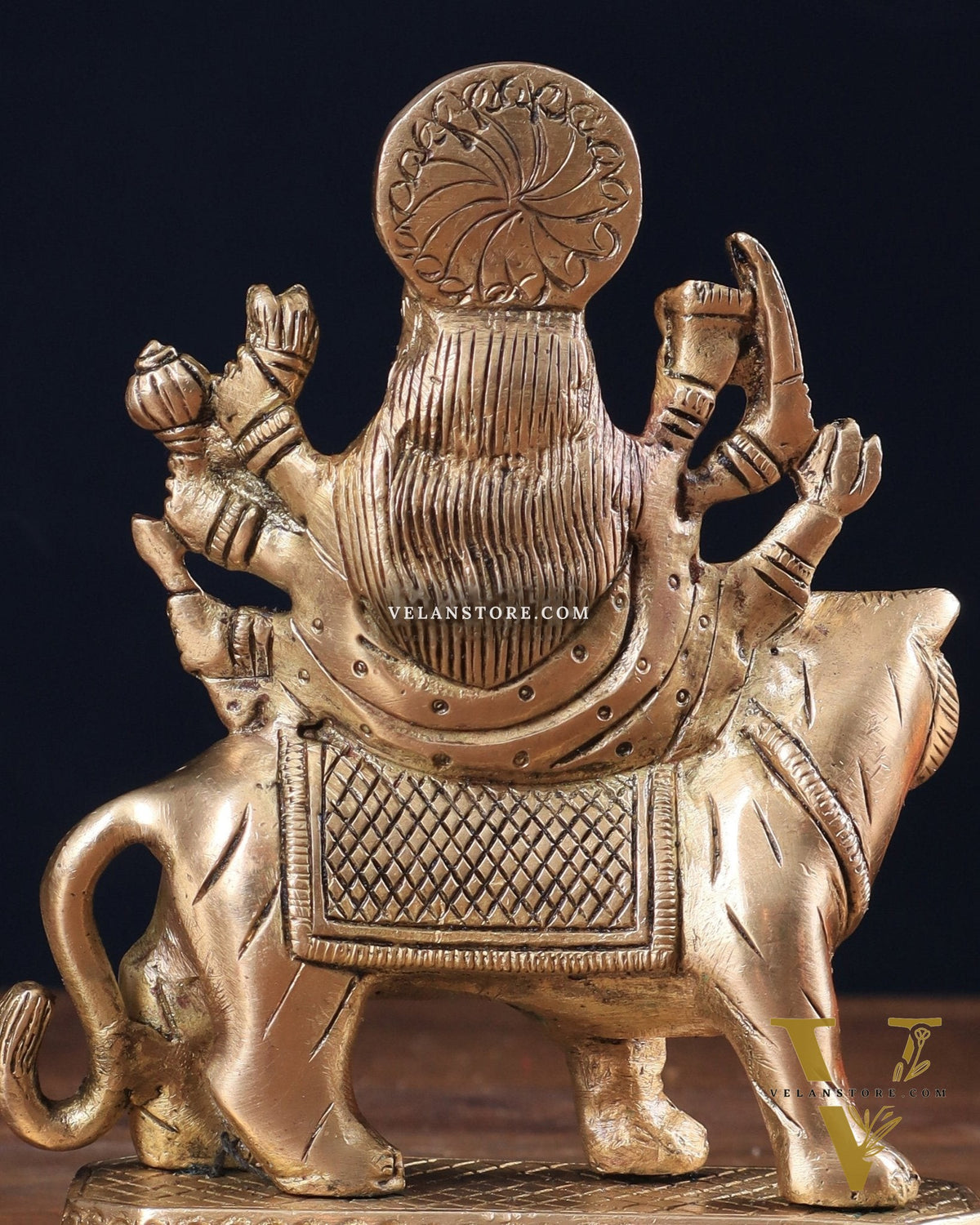 Pure Brass Goddess Durga Sitting on Tiger Idol 5.5"