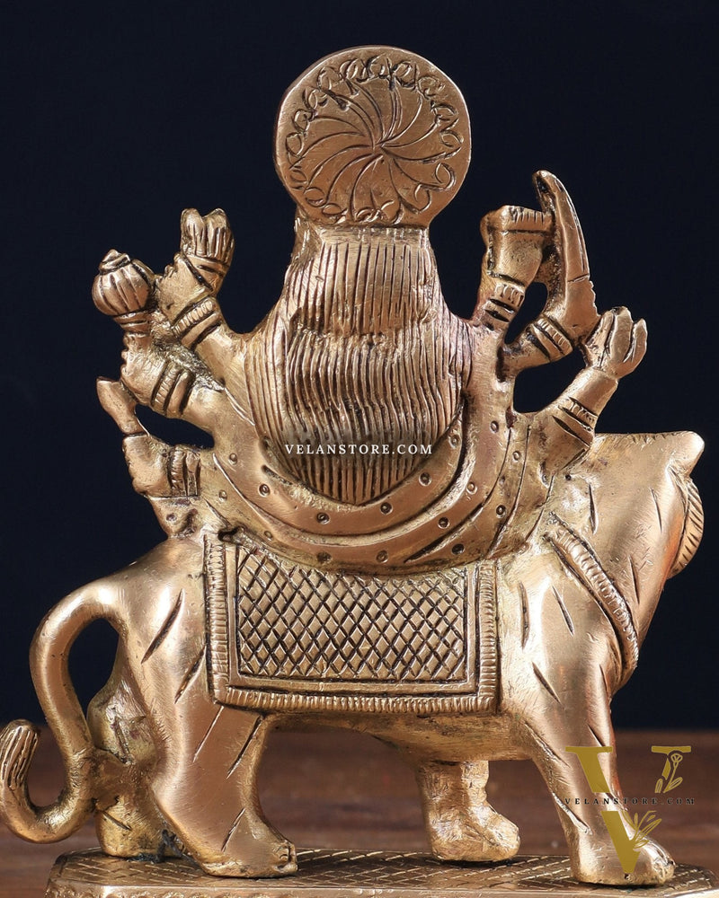 Pure Brass Goddess Durga Sitting on Tiger Idol 5.5"