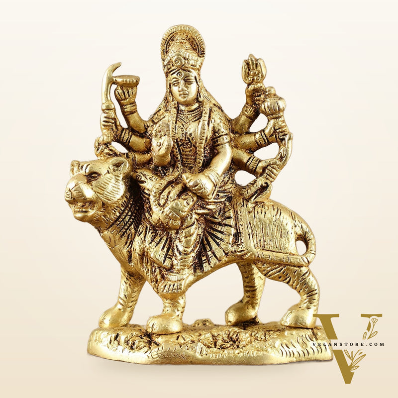 Pure Brass Goddess Durga Sitting on Tiger Idol - 6 Inch