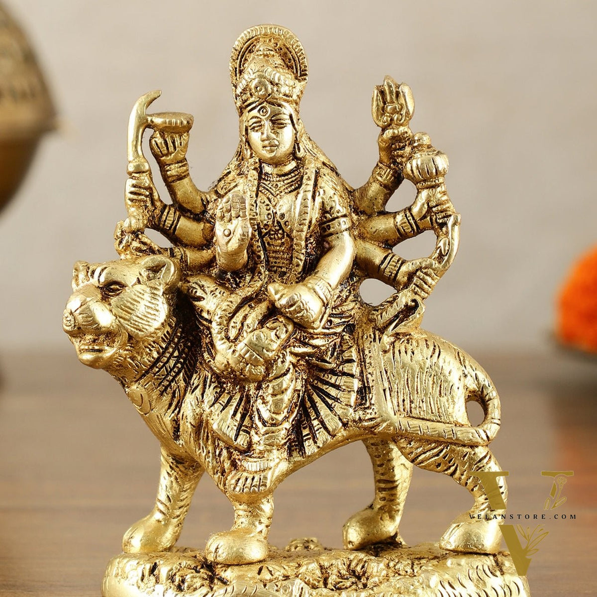 Pure Brass Goddess Durga Sitting on Tiger Idol - 6 Inch