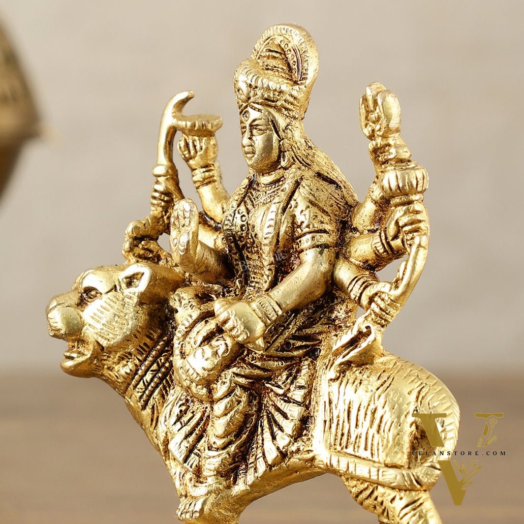 Pure Brass Goddess Durga Sitting on Tiger Idol - 6 Inch