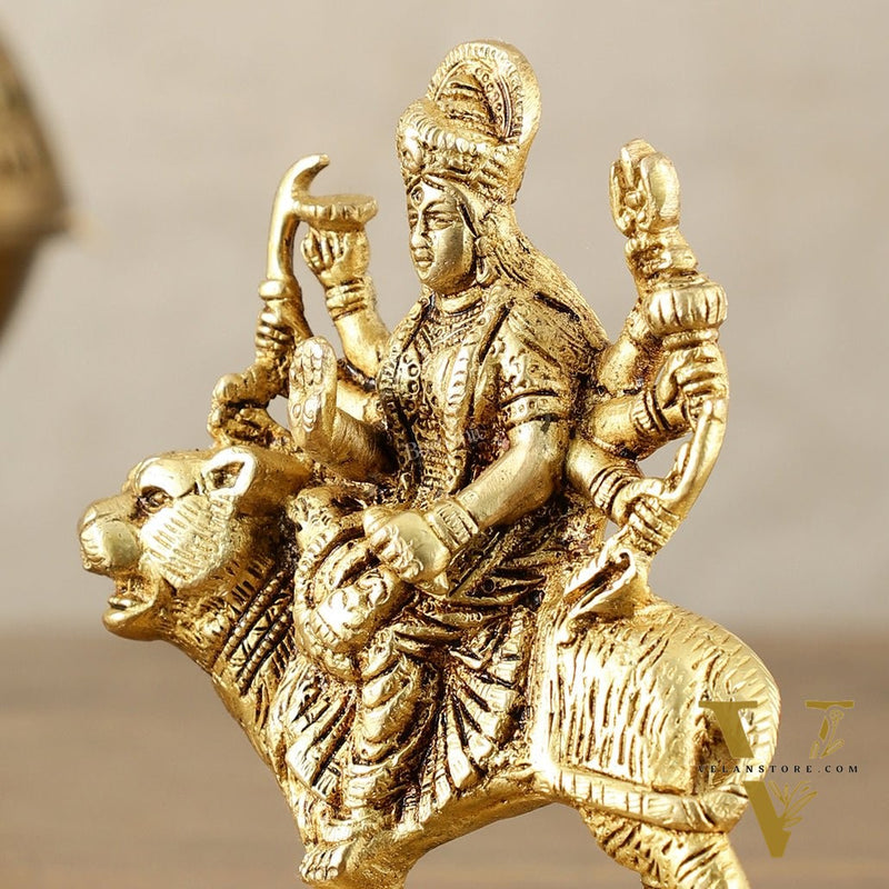 Pure Brass Goddess Durga Sitting on Tiger Idol - 6 Inch