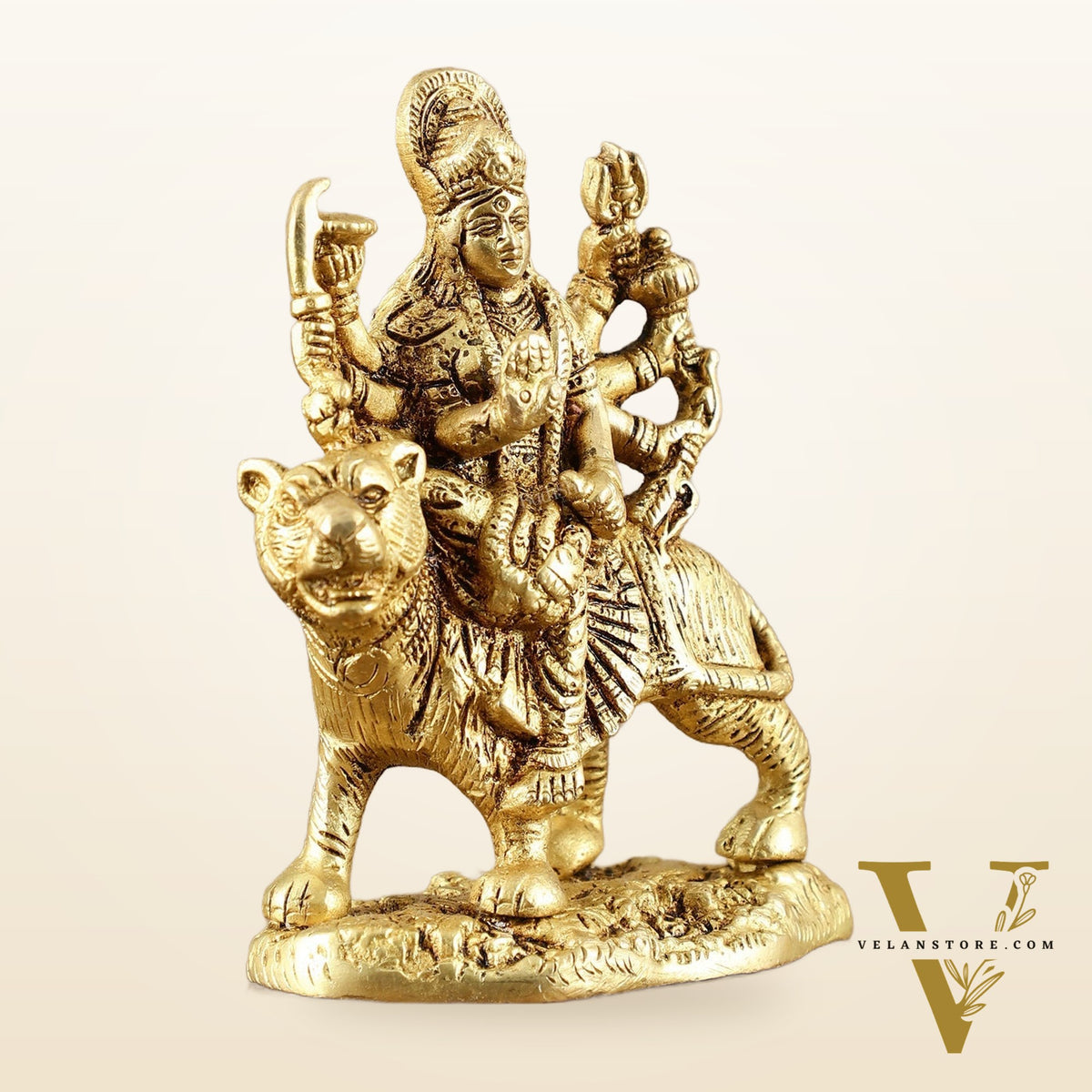 Pure Brass Goddess Durga Sitting on Tiger Idol - 6 Inch