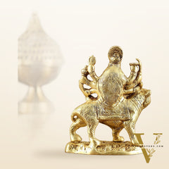 Pure Brass Goddess Durga Sitting on Tiger Idol - 6 Inch