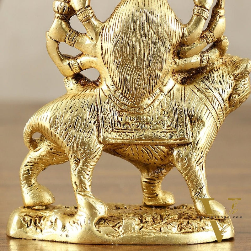 Pure Brass Goddess Durga Sitting on Tiger Idol - 6 Inch