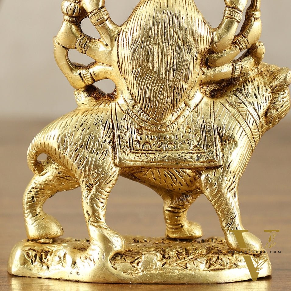 Pure Brass Goddess Durga Sitting on Tiger Idol - 6 Inch