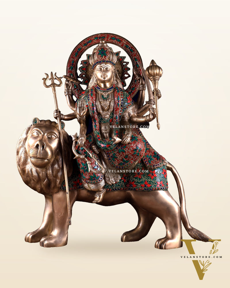Pure Brass Goddess Durga Statue with floral stone Work - 22 Inch