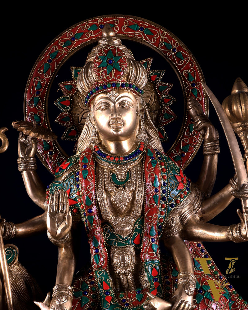 Pure Brass Goddess Durga Statue with floral stone Work - 22 Inch