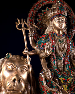 Pure Brass Goddess Durga Statue with floral stone Work - 22 Inch