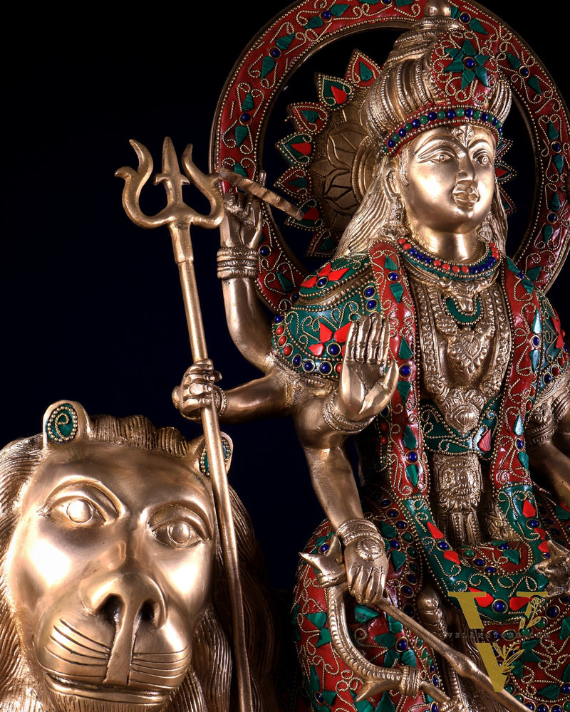 Pure Brass Goddess Durga Statue with floral stone Work - 22 Inch
