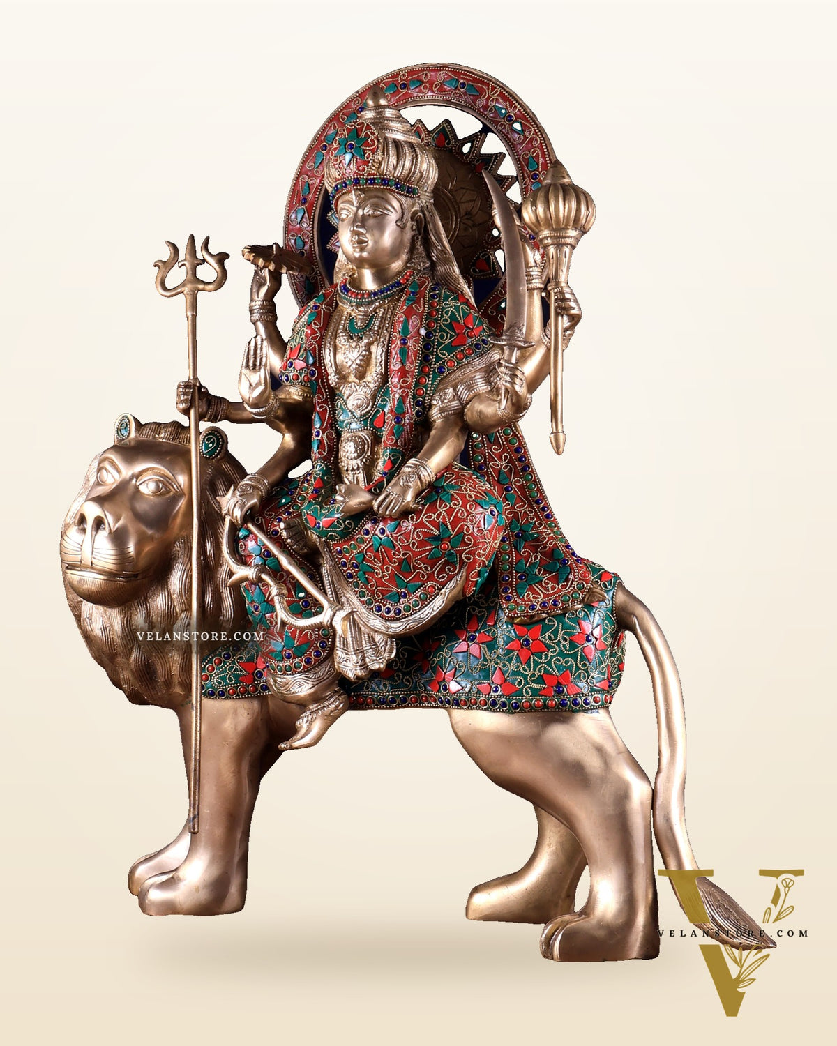 Pure Brass Goddess Durga Statue with floral stone Work - 22 Inch