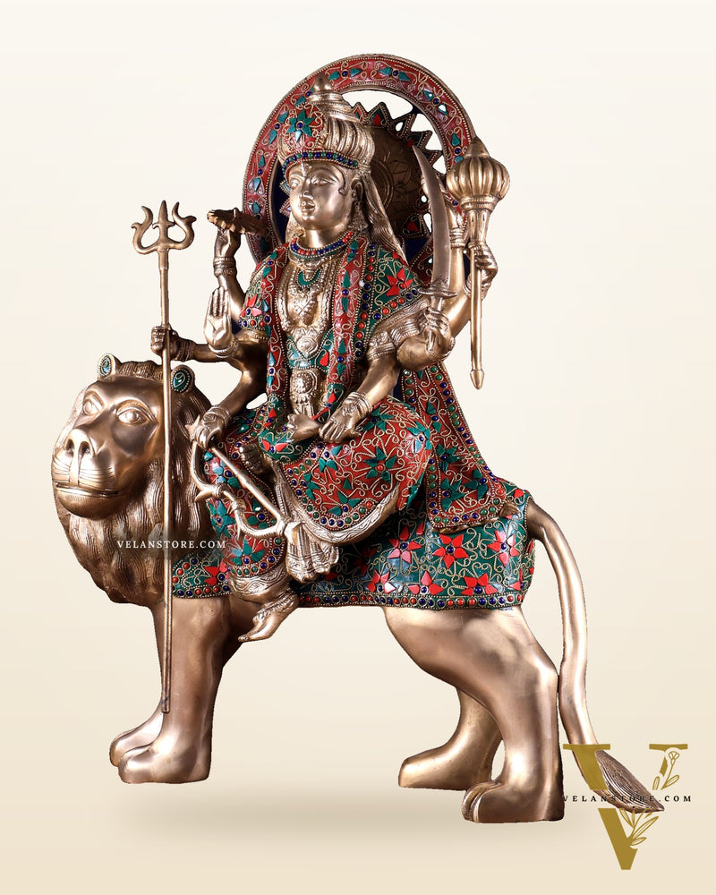 Pure Brass Goddess Durga Statue with floral stone Work - 22 Inch