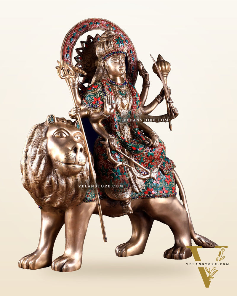 Pure Brass Goddess Durga Statue with floral stone Work - 22 Inch
