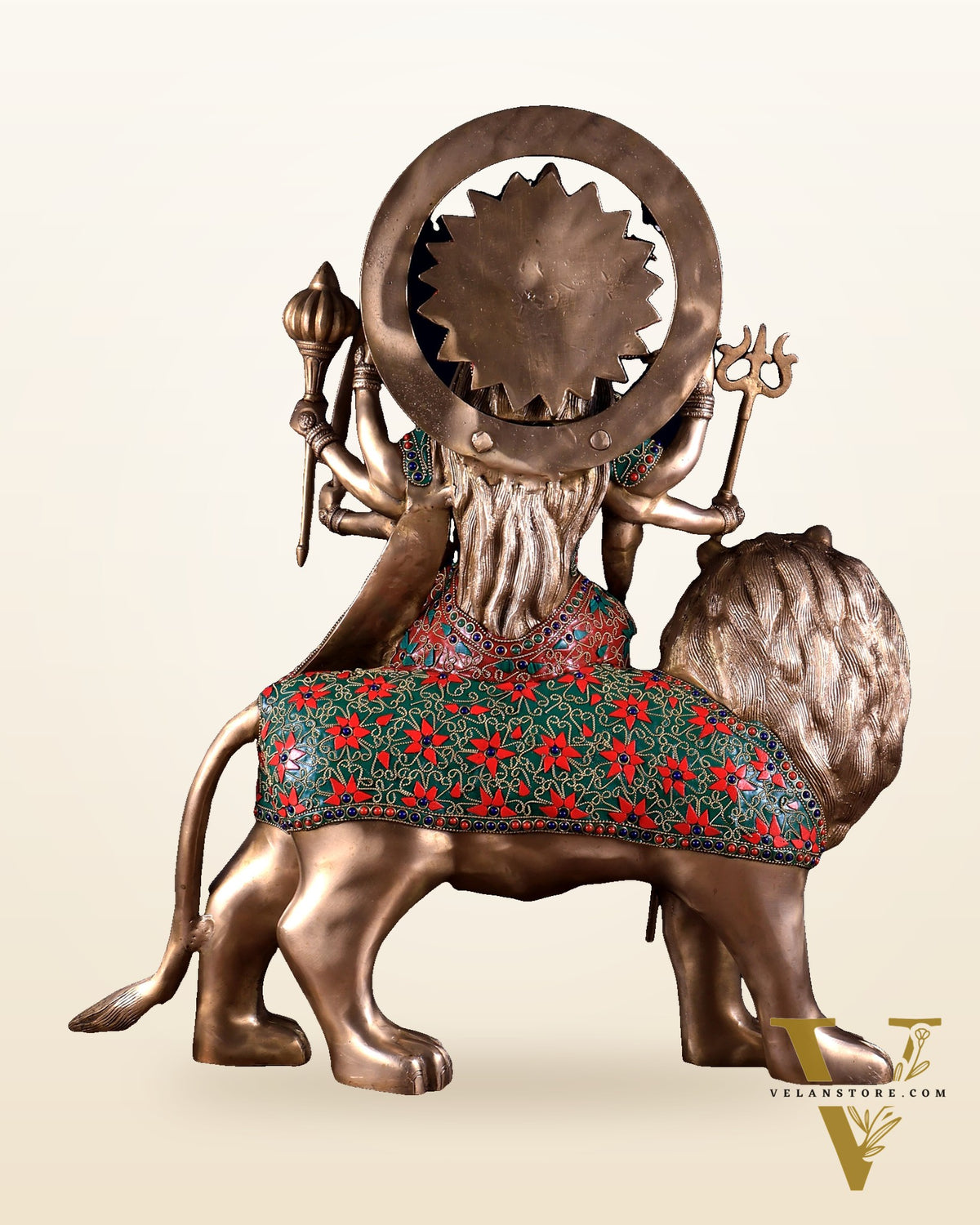 Pure Brass Goddess Durga Statue with floral stone Work - 22 Inch