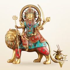 Pure Brass Goddess Durga Statue with Meenakari Work - 22 Inch