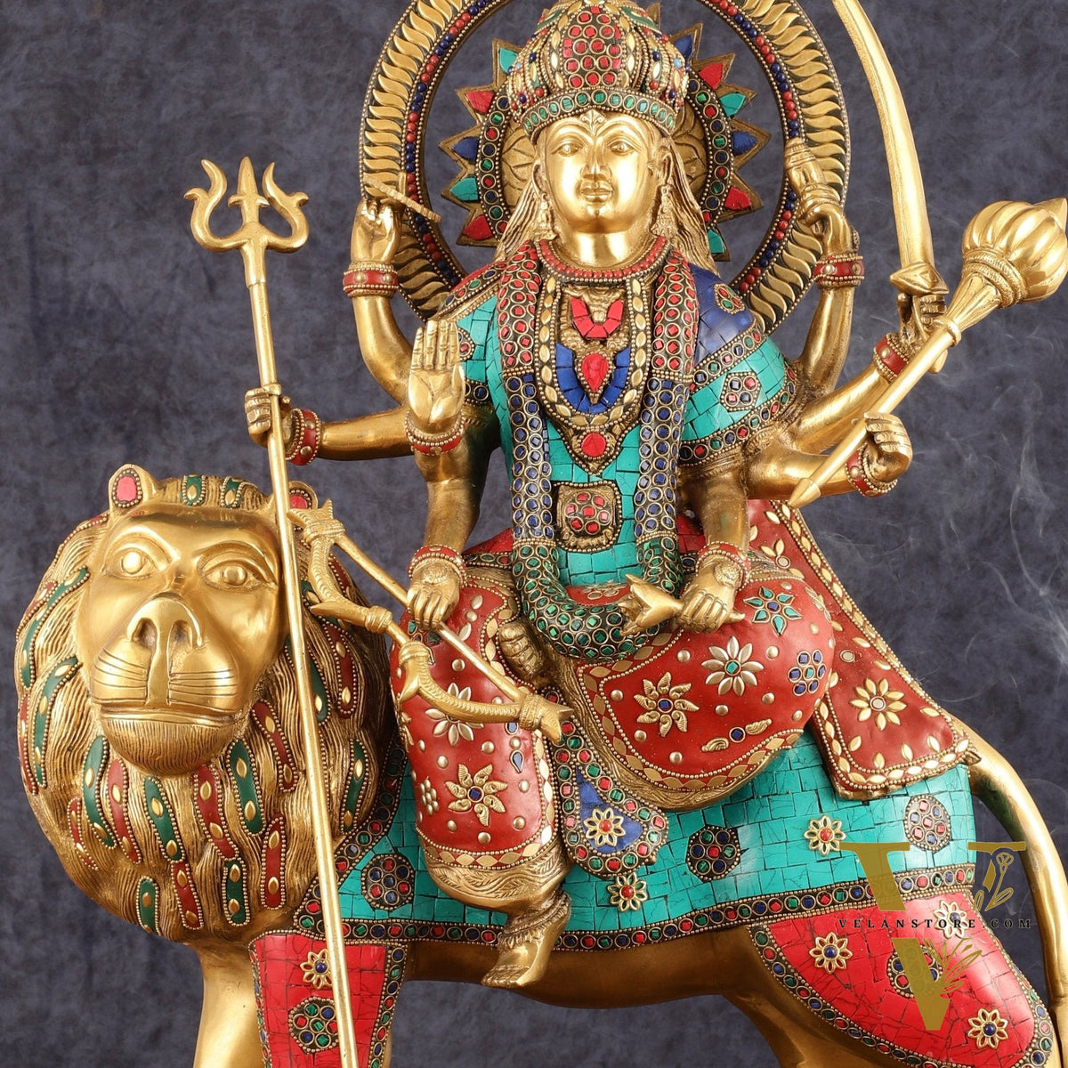 Pure Brass Goddess Durga Statue with Meenakari Work - 22 Inch