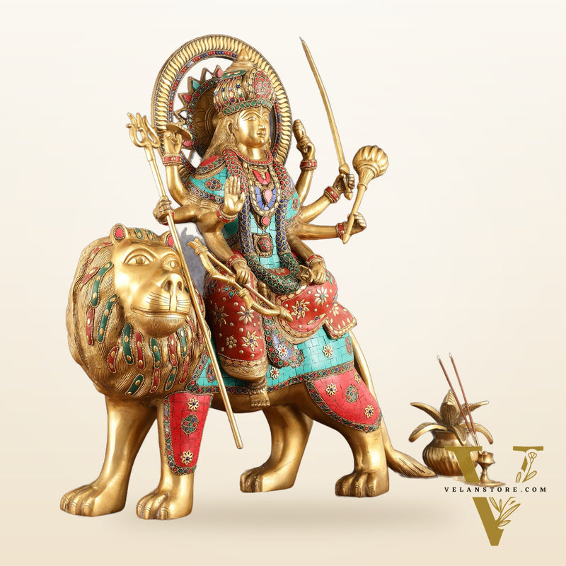 Pure Brass Goddess Durga Statue with Meenakari Work - 22 Inch