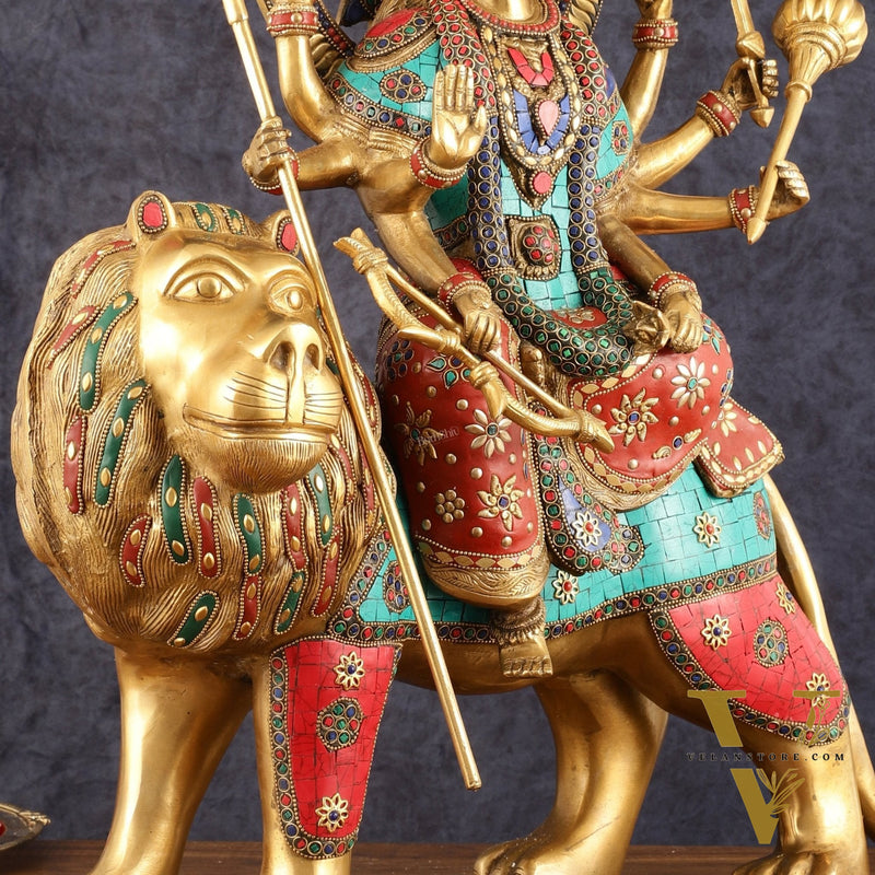 Pure Brass Goddess Durga Statue with Meenakari Work - 22 Inch