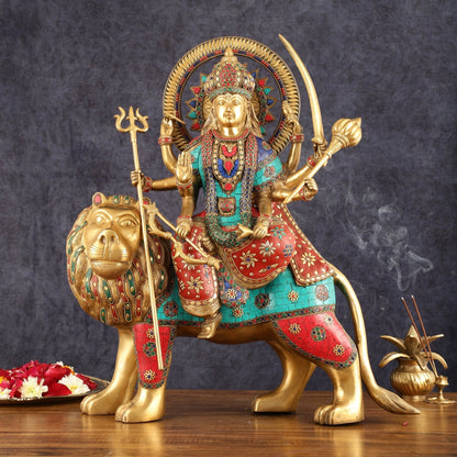 Pure Brass Goddess Durga Statue with Meenakari Work - 22 Inch