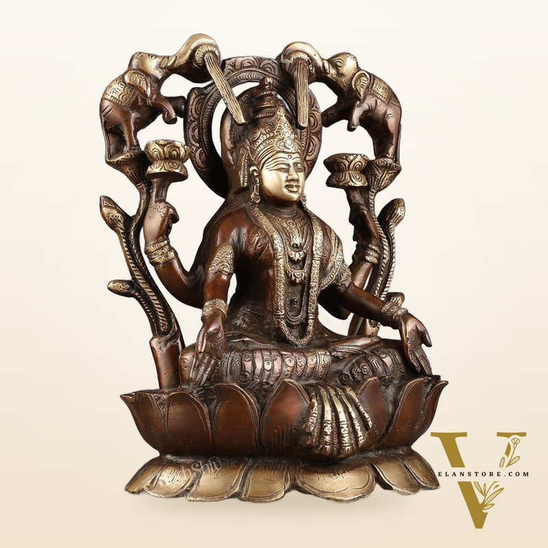 Pure Brass Goddess Gajalakshmi Idol - Double Chola Finish | 12"