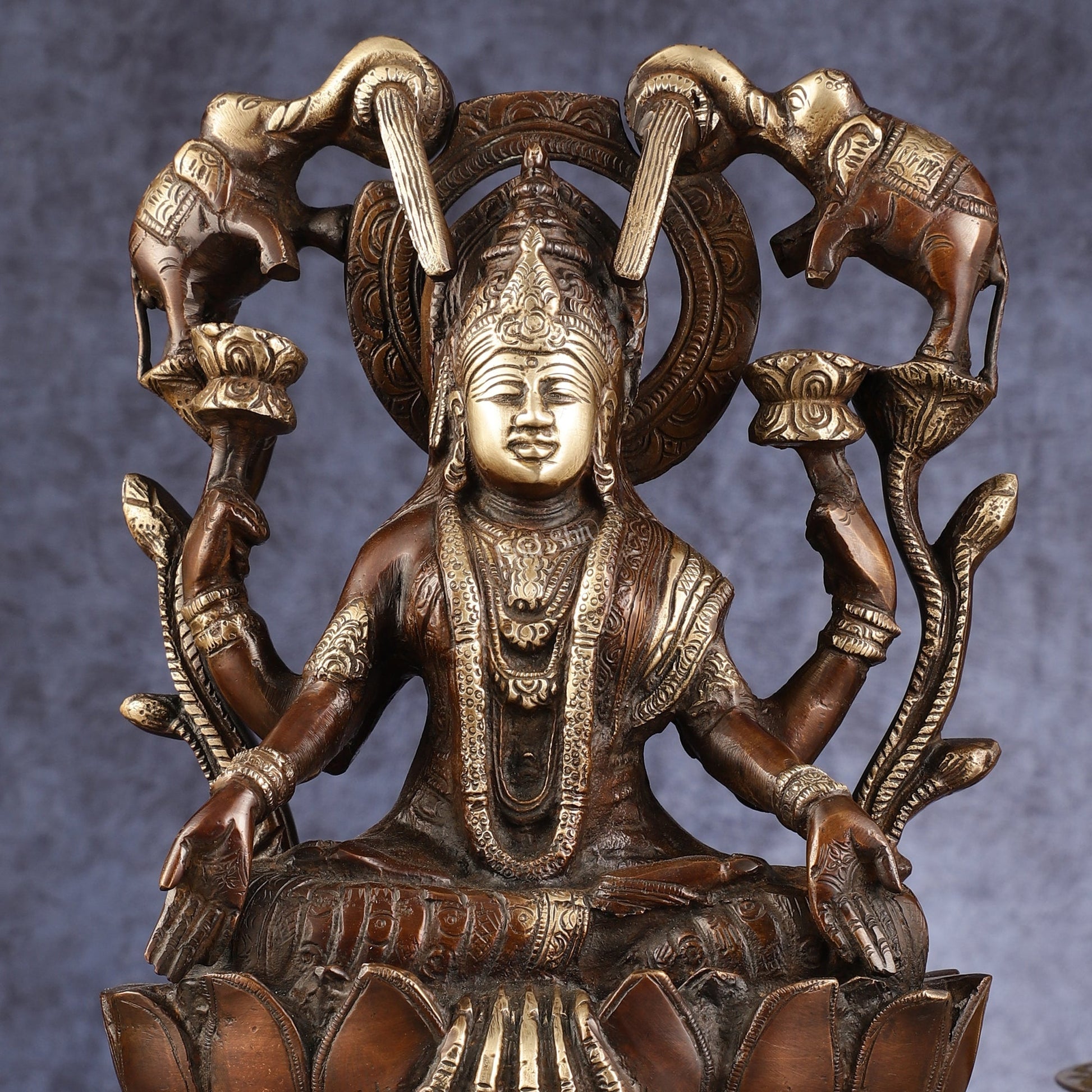 Pure Brass Goddess Gajalakshmi Idol - Double Chola Finish | 12"