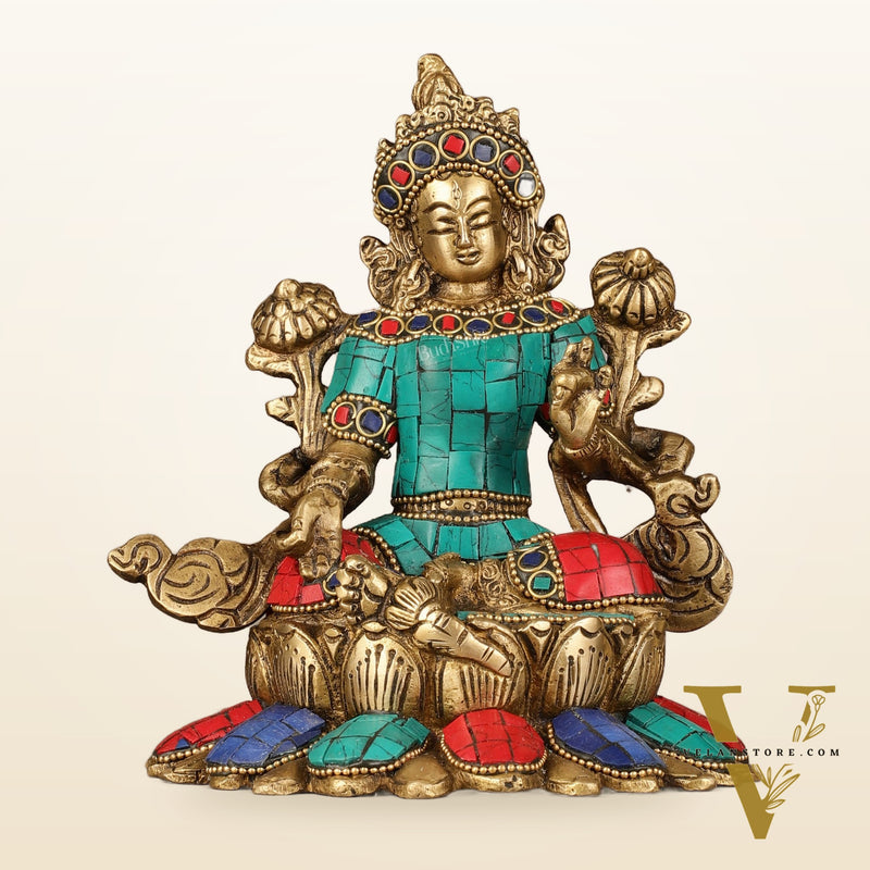 Pure Brass Goddess Green Tara Idol with Nepalese Stonework – 6 Inches