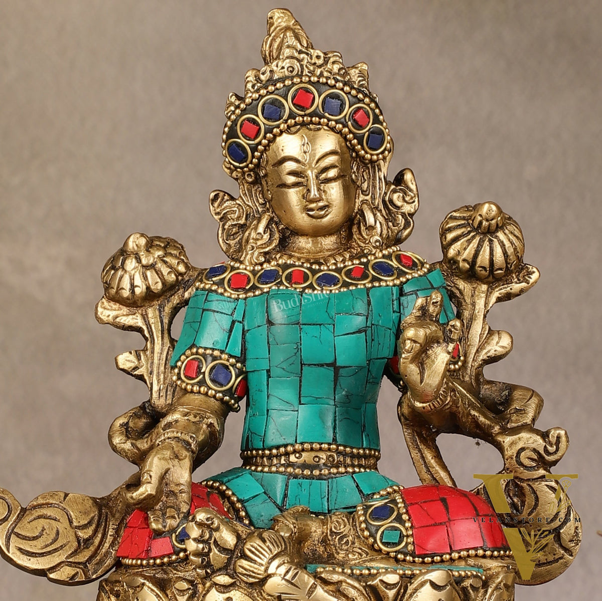 Pure Brass Goddess Green Tara Idol with Nepalese Stonework – 6 Inches