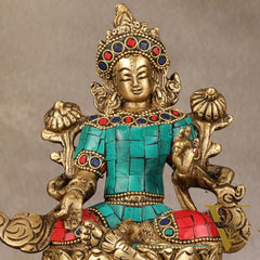 Pure Brass Goddess Green Tara Idol with Nepalese Stonework – 6 Inches