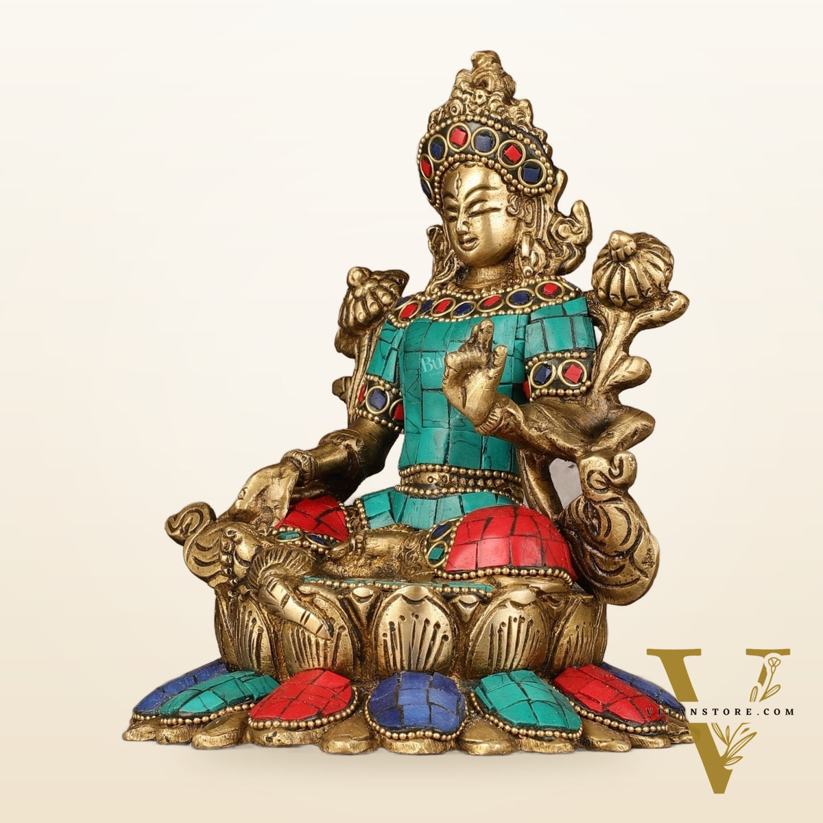 Pure Brass Goddess Green Tara Idol with Nepalese Stonework – 6 Inches