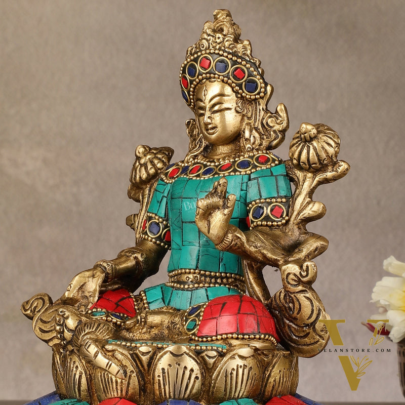 Pure Brass Goddess Green Tara Idol with Nepalese Stonework – 6 Inches
