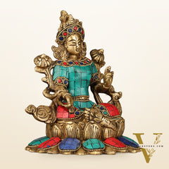Pure Brass Goddess Green Tara Idol with Nepalese Stonework – 6 Inches