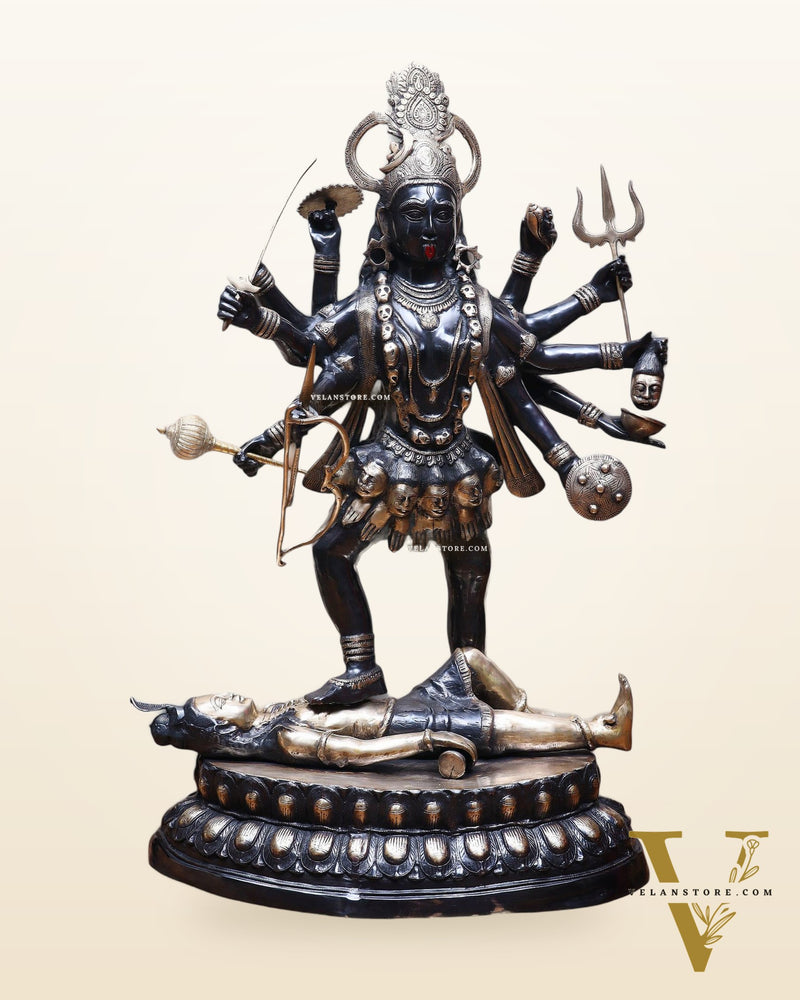 Pure Brass Goddess Kali Dashabhuja (10 Arms) Statue – 43" Black Edition | 64 kg