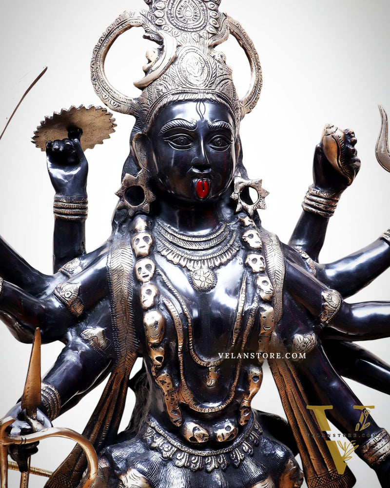 Pure Brass Goddess Kali Dashabhuja (10 Arms) Statue – 43" Black Edition | 64 kg