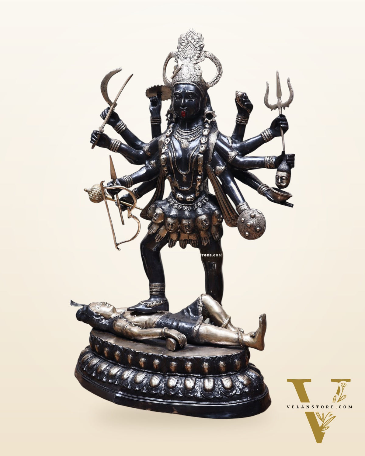 Pure Brass Goddess Kali Dashabhuja (10 Arms) Statue – 43" Black Edition | 64 kg