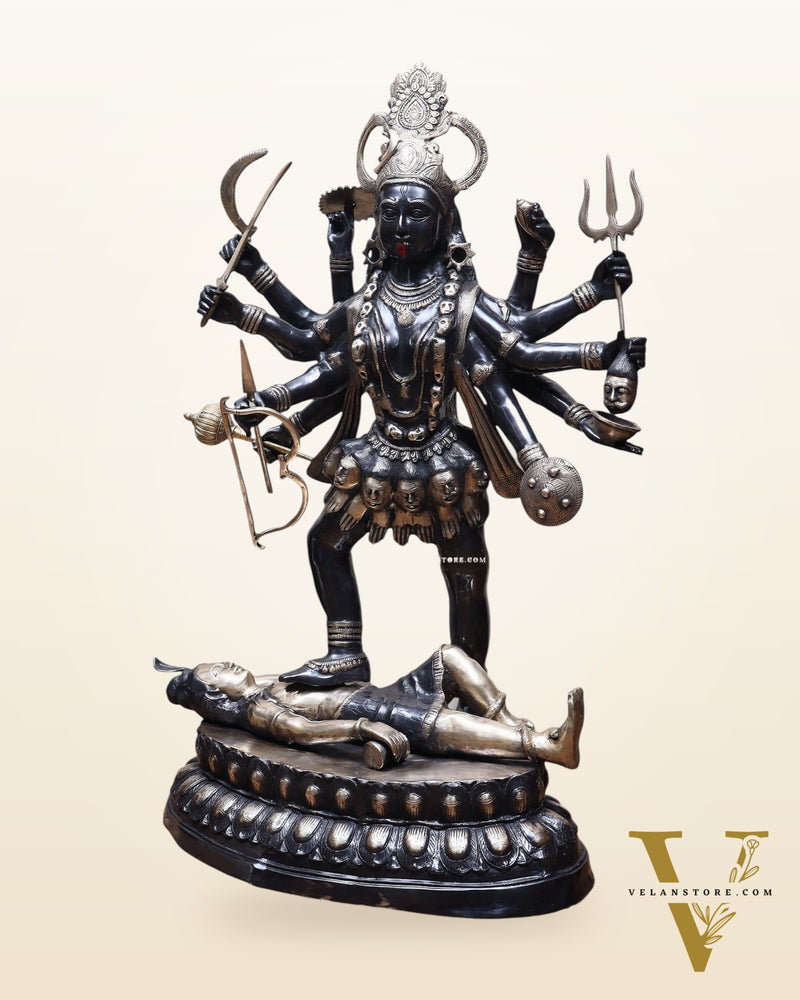 Pure Brass Goddess Kali Dashabhuja (10 Arms) Statue – 43" Black Edition | 64 kg