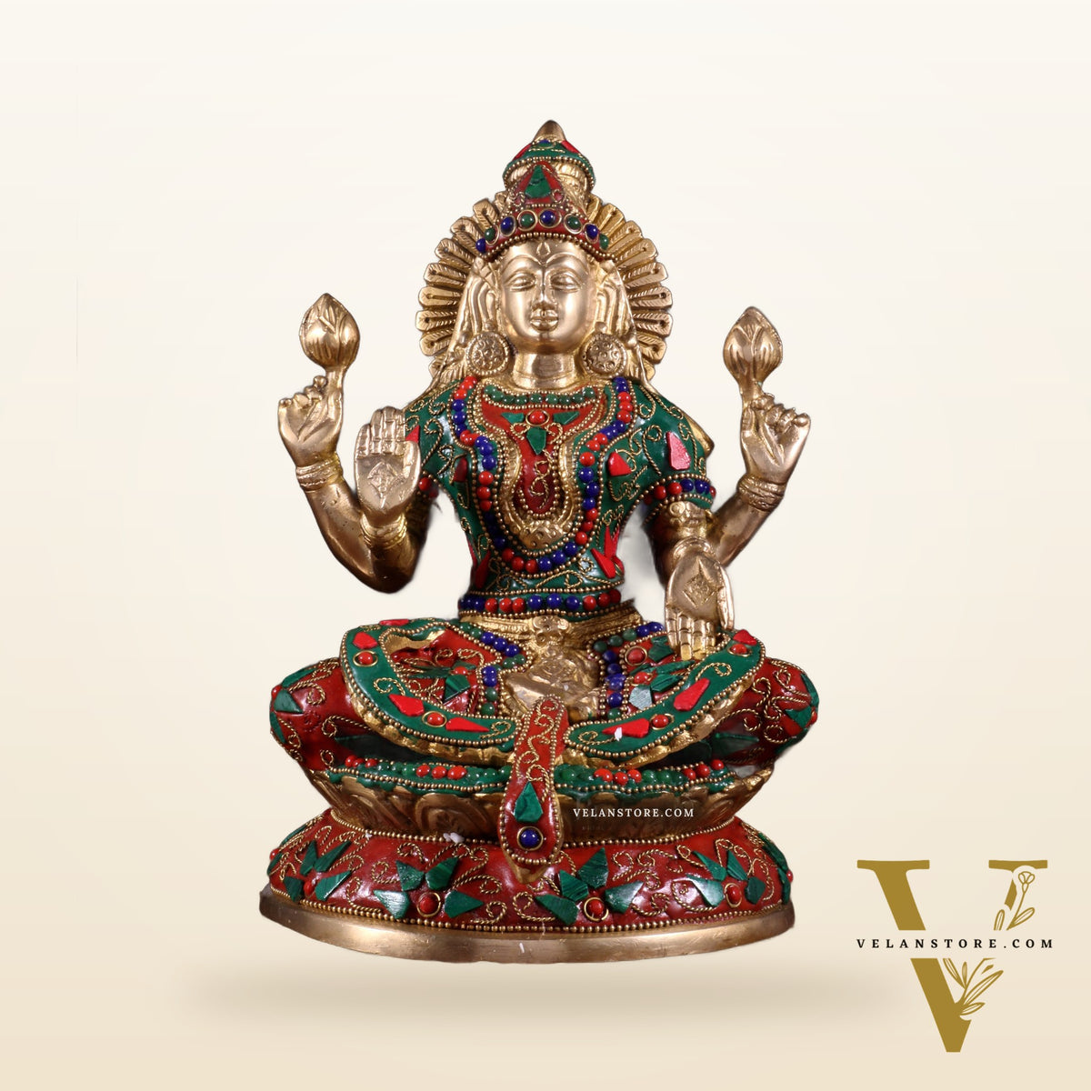 Pure Brass Goddess Lakshmi Idol – Intricate Floral Stonework 9 Inch