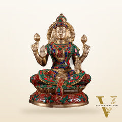 Pure Brass Goddess Lakshmi Idol – Intricate Floral Stonework 9 Inch