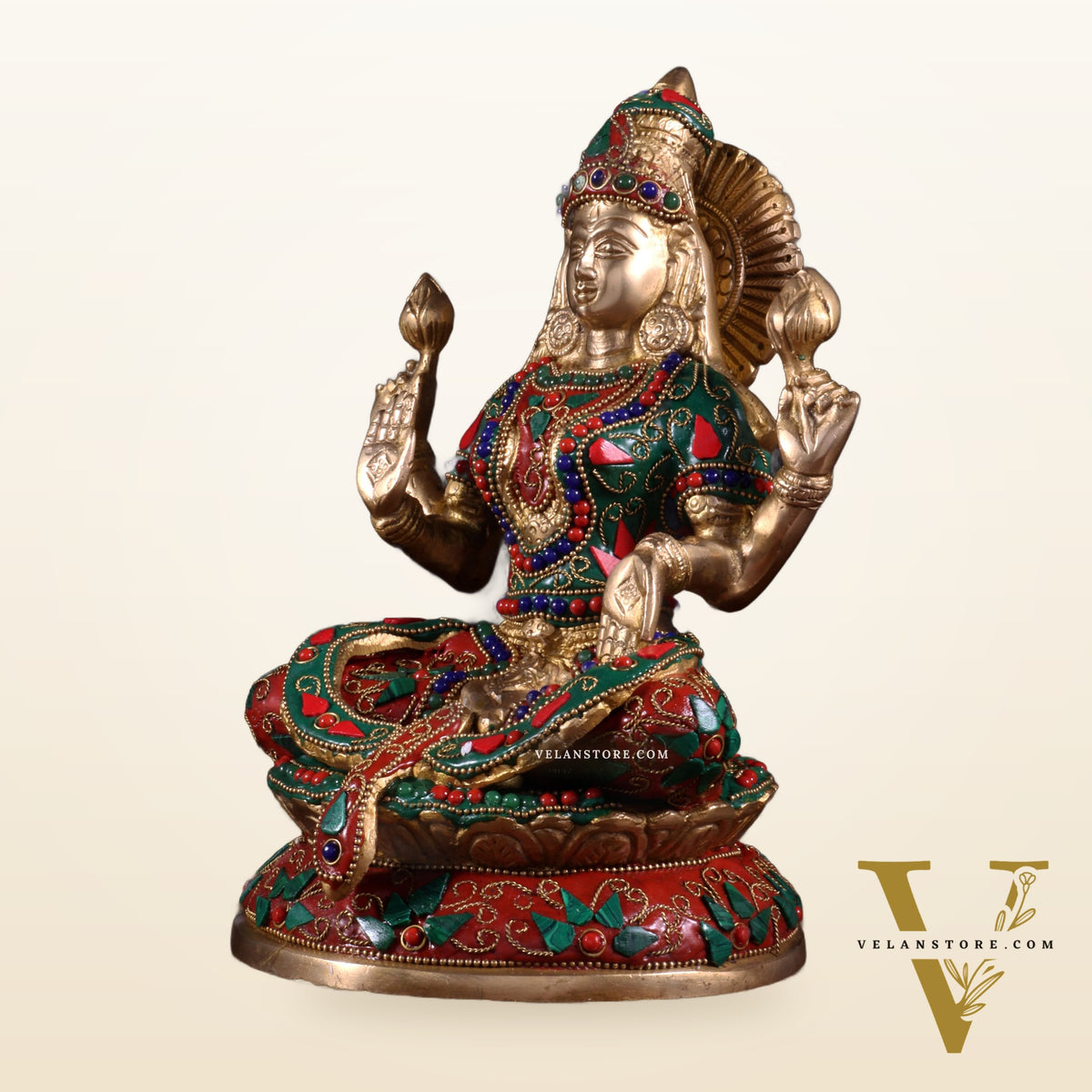 Pure Brass Goddess Lakshmi Idol – Intricate Floral Stonework 9 Inch