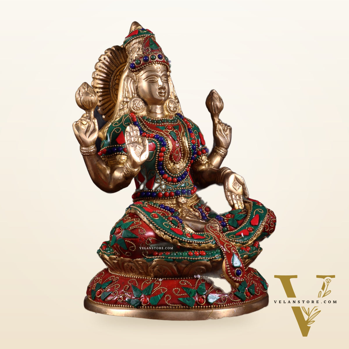 Pure Brass Goddess Lakshmi Idol – Intricate Floral Stonework 9 Inch