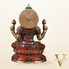 Pure Brass Goddess Lakshmi Idol – Intricate Floral Stonework 9 Inch