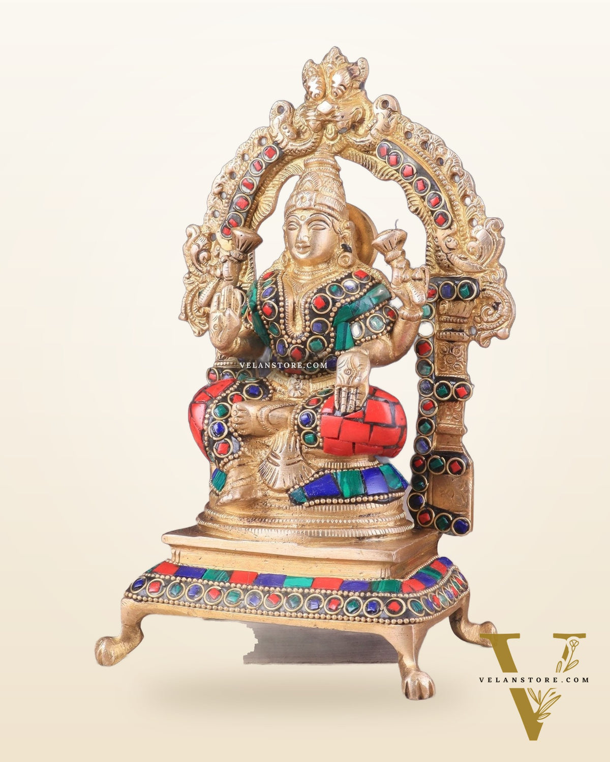 Pure Brass Goddess Lakshmi Idol | Meenakari Stonework 8"