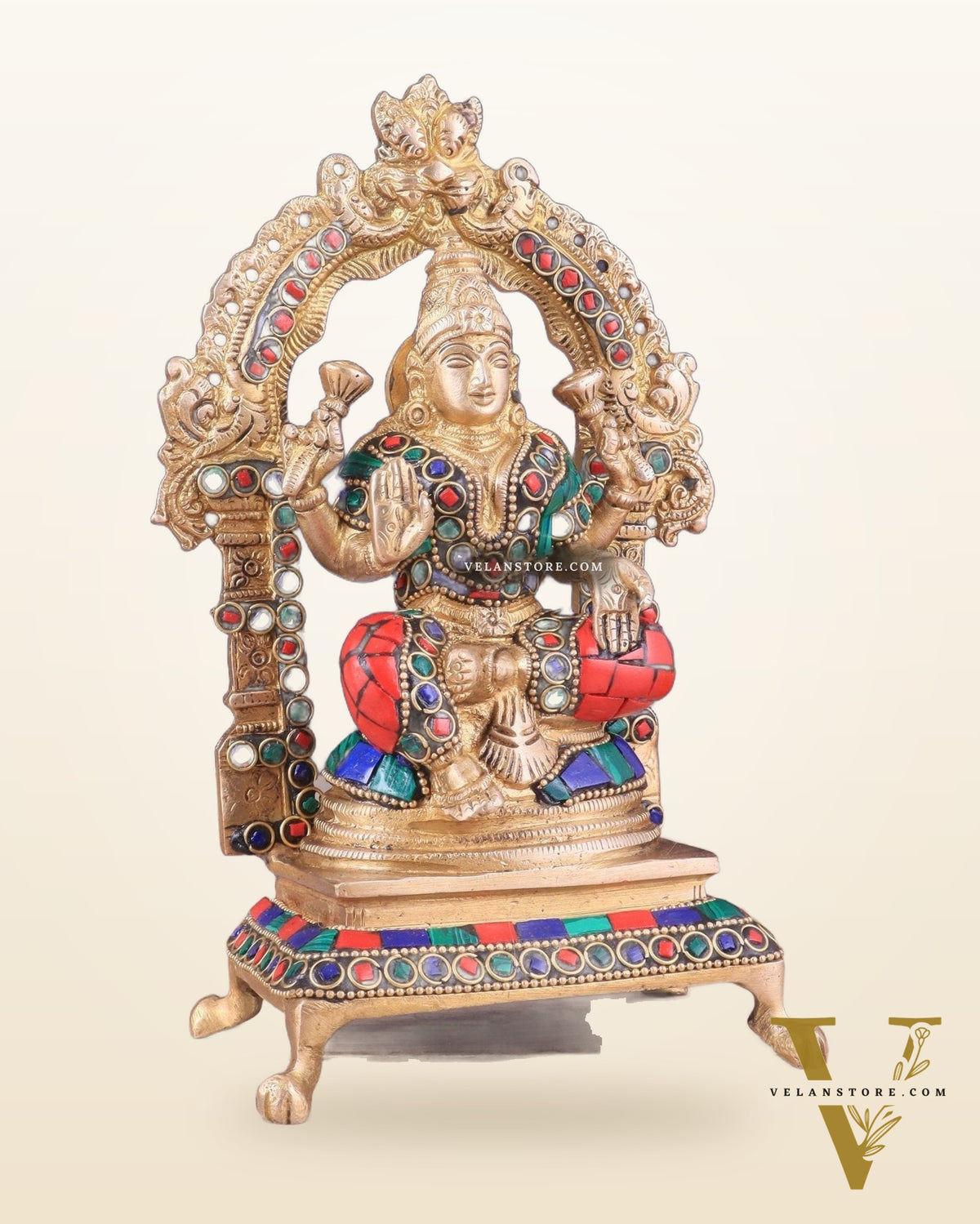 Pure Brass Goddess Lakshmi Idol | Meenakari Stonework 8"