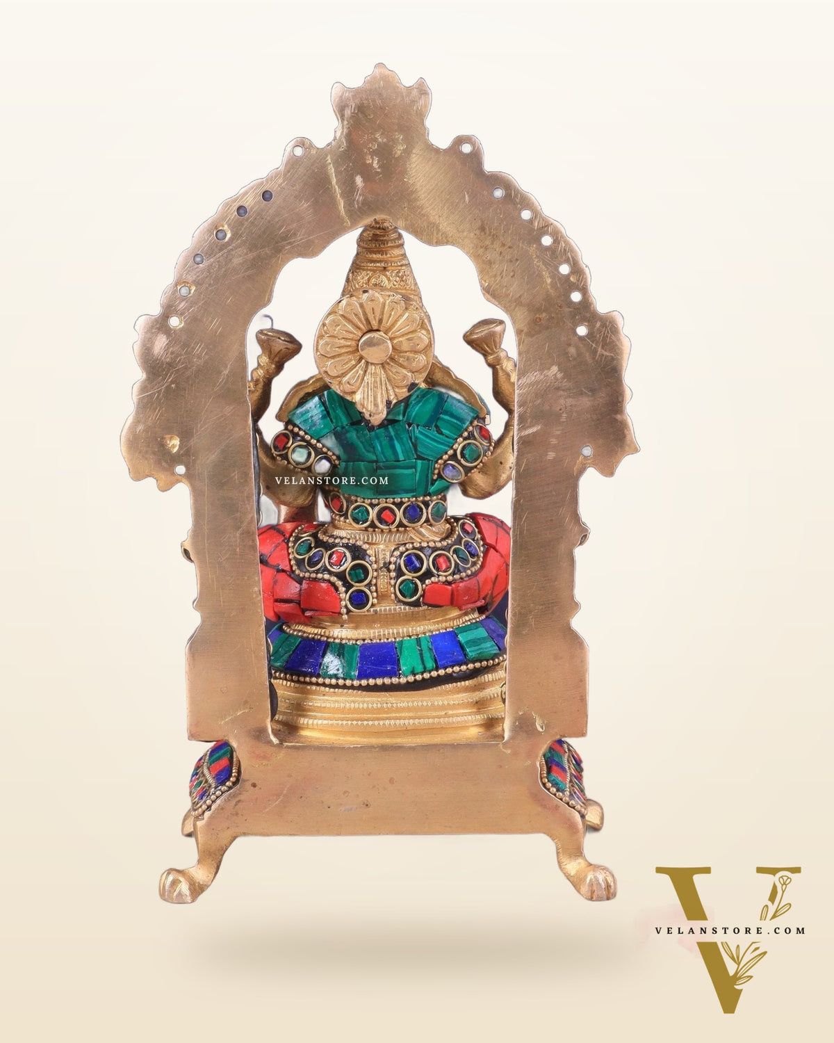 Pure Brass Goddess Lakshmi Idol | Meenakari Stonework 8"